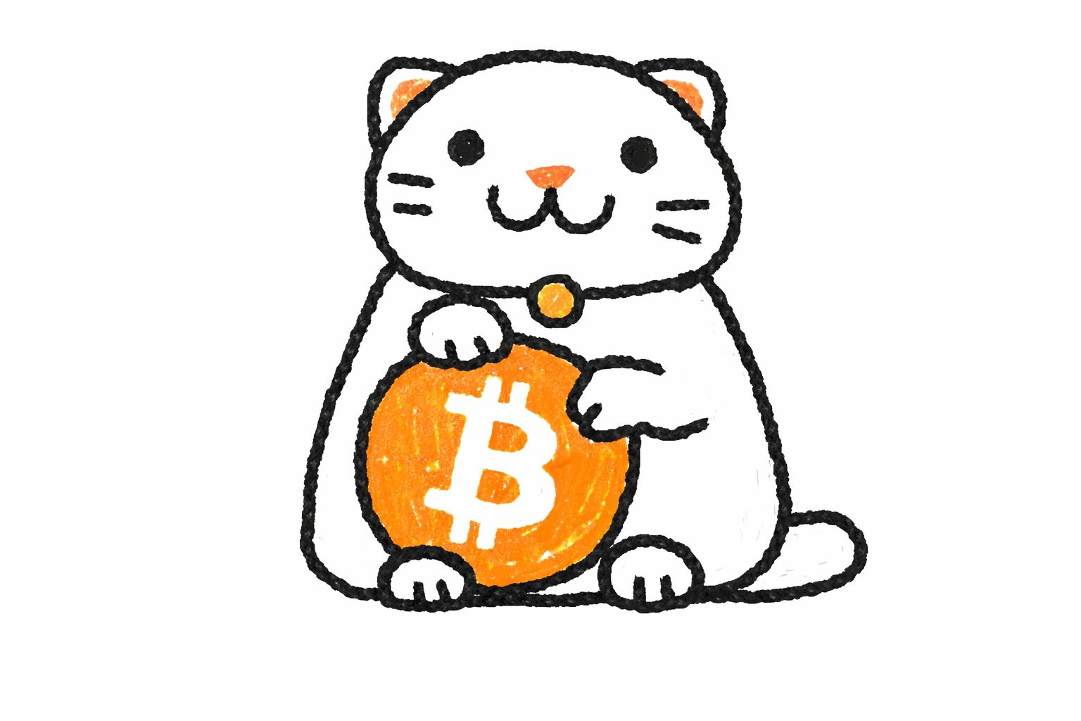 NEKO, the hand-drawn white lucky cat holding an orange Bitcoin coin